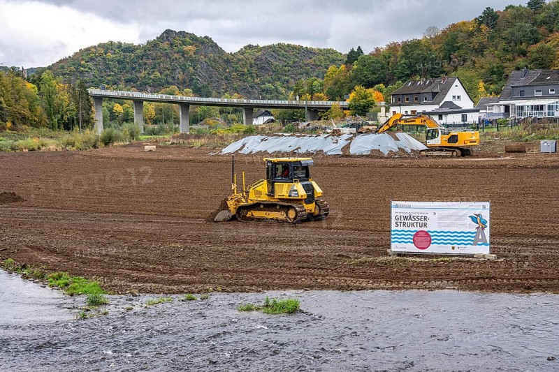Reconstruction in the Ahr Valley, after the flood of July 2021, restoration of the river landscape, after the removal of debris, flotsam, the river Ahr is being expanded in parts like floodplains to create flooding areas, construction measures will also regulate the flow rate and strengthen the bank, near Kreuzberg, Rhineland-Palatinate