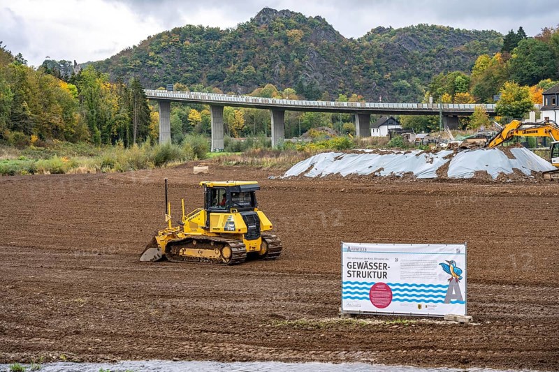 Reconstruction in the Ahr Valley, after the flood of July 2021, restoration of the river landscape, after the removal of debris, flotsam, the river Ahr is being expanded in parts like floodplains to create flooding areas, construction measures will also regulate the flow rate and strengthen the bank, near Kreuzberg, Rhineland-Palatinate