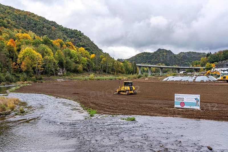 Reconstruction in the Ahr Valley, after the flood of July 2021, restoration of the river landscape, after the removal of debris, flotsam, the river Ahr is being expanded in parts like floodplains to create flooding areas, construction measures will also regulate the flow rate and strengthen the bank, near Kreuzberg, Rhineland-Palatinate