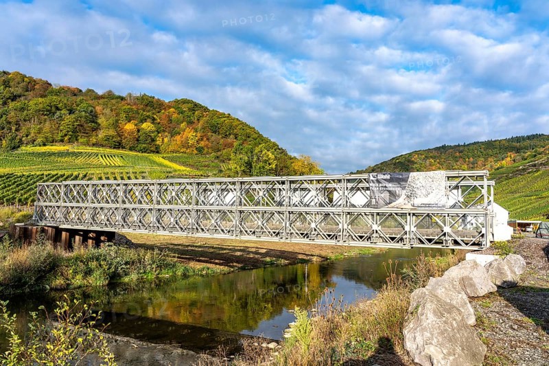 Temporary bridges over the Ahr, in the Ahr Valley, after the flood of July 2021, built by the Technical Relief Agency, THW built 19 vehicle bridges and 5 pedestrian bridges after the flood disaster, in places where the flood had destroyed the existing bridges, until today, 4 years later, they are still in operation, near Mayschoß, Mitelahr region, Rhineland-Palatinate