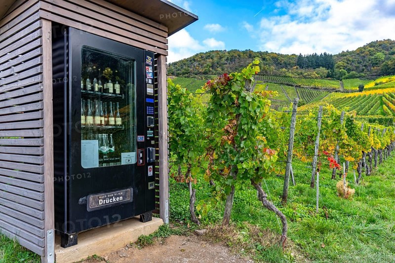 Vending machine for chilled wine and other drinks, wine machine of the Mayschoss-Altenahr winegrowers' cooperative, in a vineyard near Mayschoß, Mittelahr region, Rhineland-Palatinate