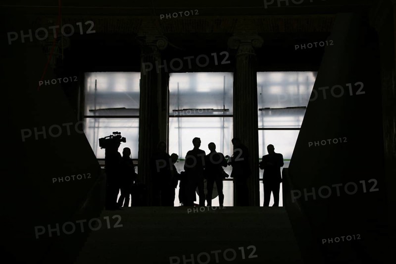 Media representatives wait at the end of the entrance steps at the start of the press tour in front of the official topping-out ceremony for the Neues Museum. Culture Museum Island History Art Architecture City Buildings Renovation Reconstruction