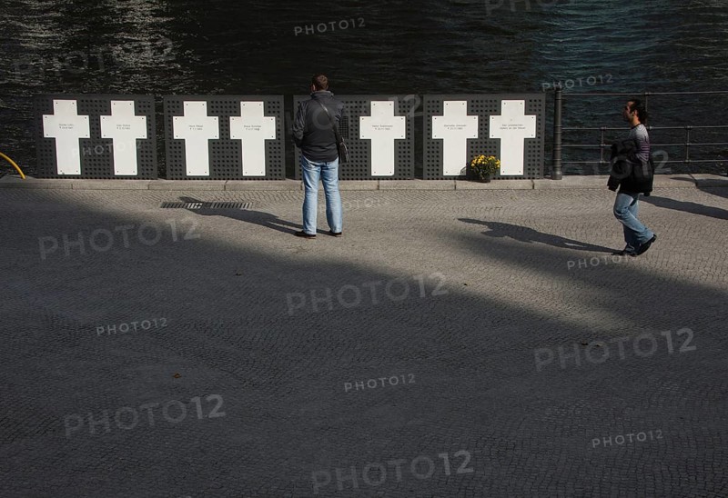 DEU Germany Berlin Memorial for escape victims of the division behind the Paul Löbe House. Scene on the eve of the 20th anniversary of German reunification on the festival mile in Berlin. Germany Berlin Memorial for the Victims of Unsuccessful Escape During the German Seperation. Scene one day ahead of the celebration marking the 20th anniversary of the German reunification
