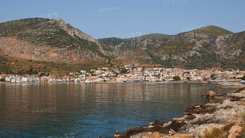Small coastal town on a quiet sea, surrounded by mountains, Monemvasia, Monemvassia, Malvasy, Byzantine small town, rocky island, fortress, Laconia, Peloponnese, peninsula, Greece