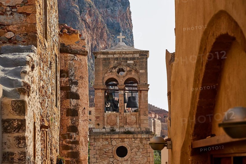 Holy Church of Christ in Chains, Elkomenos Christos, Historic Bell Tower with Crosses, Surrounded by Old Stone Buildings and Rocks, Monemvasia, Monemvassia, Malvasy, Small Byzantine Town, Rock Island, Fortress, Laconia, Peloponnese, Peninsula, Greece