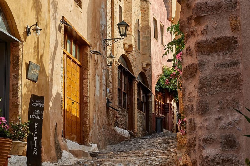Narrow paved path in the old town with flowering plants and old buildings, Monemvasia, Monemvassia, Malvasy, Byzantine small town, rocky island, fortress, Laconia, Peloponnese, peninsula, Greece