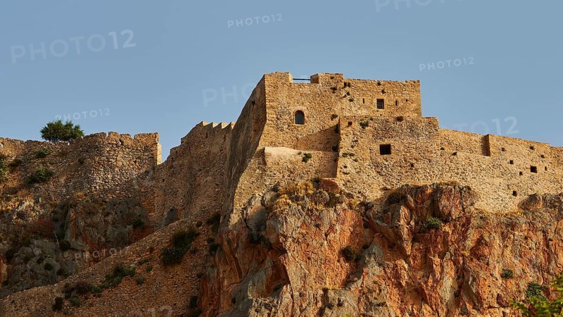 Stone fortress on rocky hill with reddish rock, Monemvasia, Monemvassia, Malvasy, small Byzantine town, rocky island, fortress, Laconia, Peloponnese, peninsula, Greece
