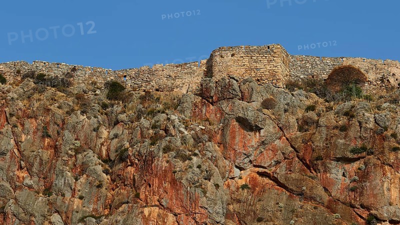 Brick ruins on a rocky landscape under blue sky, Monemvasia, Monemvassia, Malvasy, Byzantine small town, rocky island, fortress, Laconia, Peloponnese, peninsula, Greece