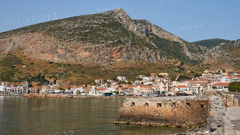 Small coastal town on a rocky coast surrounded by high mountains, Monemvasia, Monemvassia, Malvasy, Byzantine small town, rocky island, fortress, Laconia, Peloponnese, peninsula, Greece