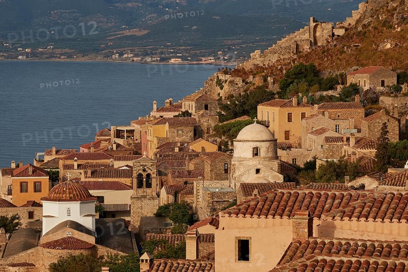 Soft morning light, Holy Church of the Blessed Virgin Mary Myrtidiotissa (or Criticias), Holy Church of Christ in Chains, Elkomenos Christos, Golden Dawn in a Hill Town with Sea View and Historic Buildings, Monemvasia, Monemvassia, Malvasy, Small Byzantine Town, Rock Island, Fortress, Laconia, Peloponnese, Peninsula, Greece