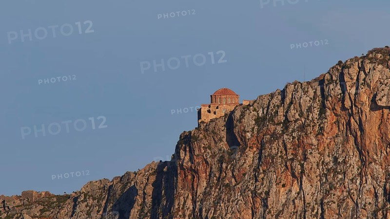 Orhodox church of Hagia Sophia, small chapel on a rocky mountain in the sun, Monemvasia, Monemvassia, Malvasy, Byzantine small town, rocky island, fortress, Laconia, Peloponnese, peninsula, Greece