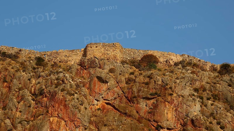 Soft morning light, stone wall of an old fortress on top of a rock, Monemvasia, Monemvassia, Malvasy, Byzantine small town, rocky island, fortress, Laconia, Peloponnese, peninsula, Greece
