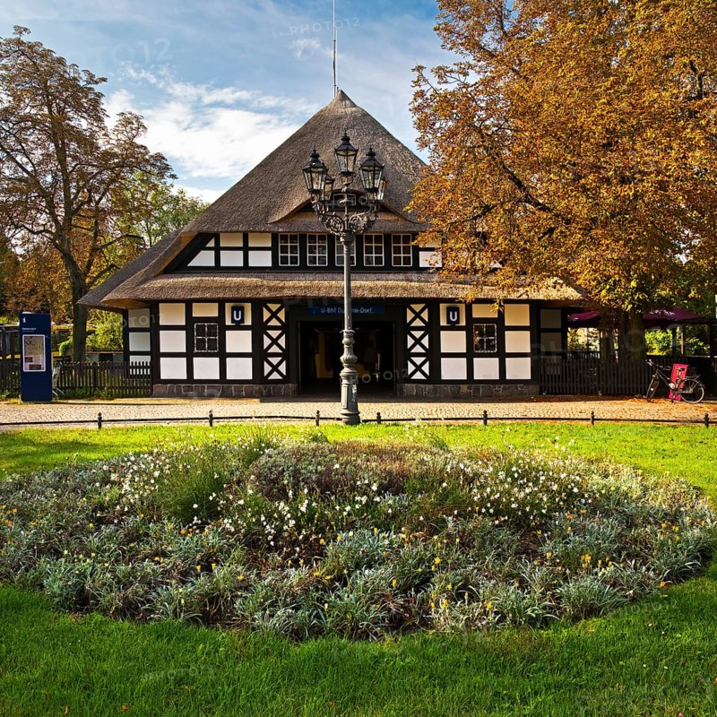 Entrance to Dahlem-Dorf subway station, thatched half-timbered house in the style of a North German manor house, Berlin-Dahlem, Berlin, Germany