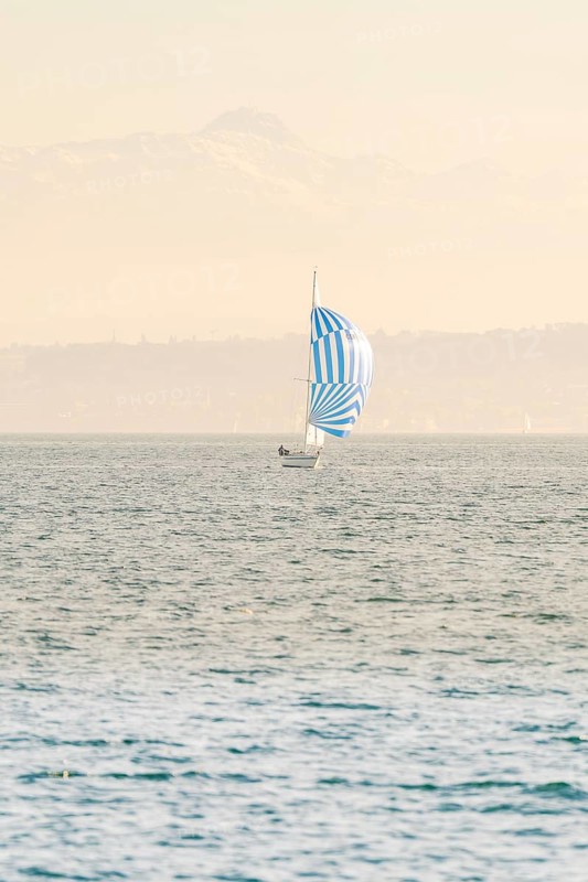 Sailing boat with blue and white sail floating on a wide lake against a mountain backdrop, Schiff Fahrt, Lake Constance, Germany