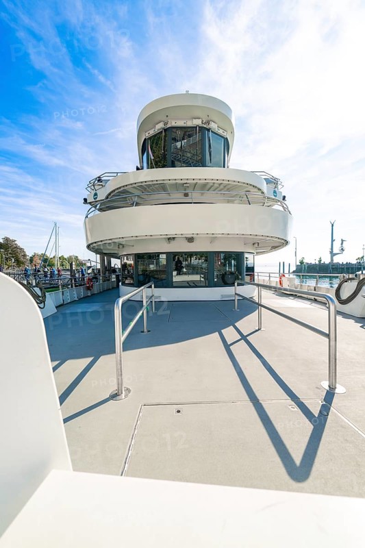 Modern ship on a sunny deck with clear sky and clouds, boat trip, Lake Constance, Germany