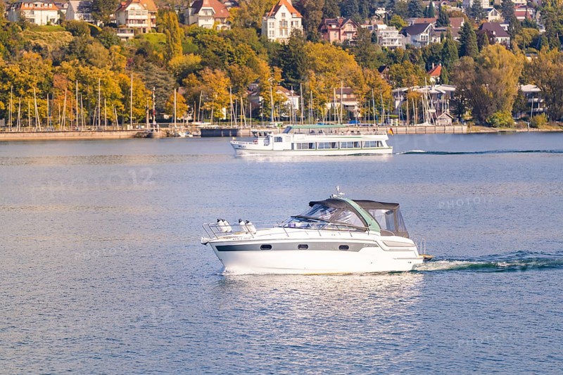 Motor boat on a lake near a wooded coast with houses, boat trip, Lake Constance, Germany