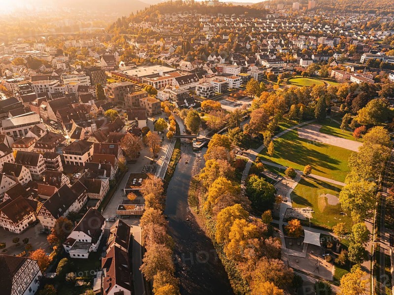 An autumnal view of the city with a river and lots of colorful trees illuminated by the sun, Nagold, Black Forest, Germany