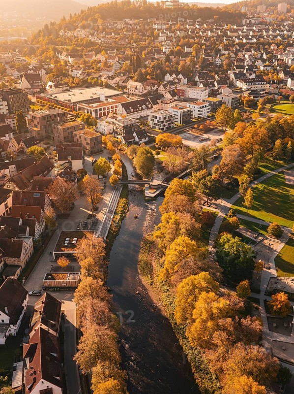 A river flows through an autumnal urban landscape, surrounded by parks and colorful trees, Nagold, Black Forest, Germany