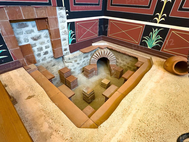 Reconstructed visible substructure of hypocaustum exposed for display purposes ancient Roman floor heating as in ancient Roman times, Roman Villa Borg Archaeological Park, Perl, Saarland, Germany