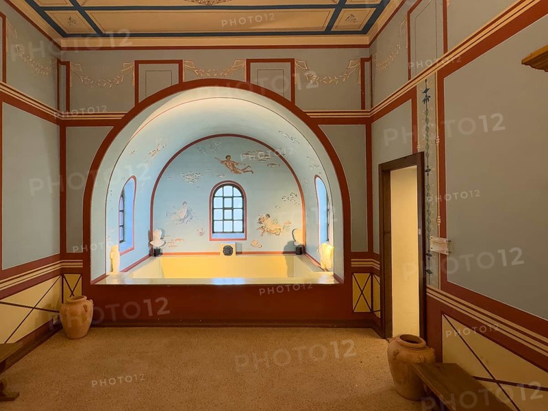 Reconstructed Roman ancient frigidarium cooling room refrigeration room with cold water basin under barrel vault in part of building with Roman baths Bath complex Thermal baths in Roman Villa Archaeological Park Roman Villa Borg, Perl, Saarland, Germany