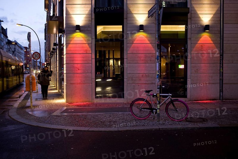 DEU Germany Berlin A bicycle with pink tires is on the corner of Rosenthaler Straße in Berlin Mitte. Germany Berlin Rosenthaler street in Berlin-Mitte