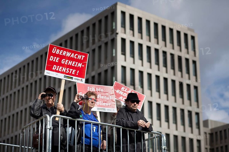 DEU Germany Germany Berlin Campact protest against data collection, espionage and surveillance in front of the new headquarters of the Federal Intelligence Service