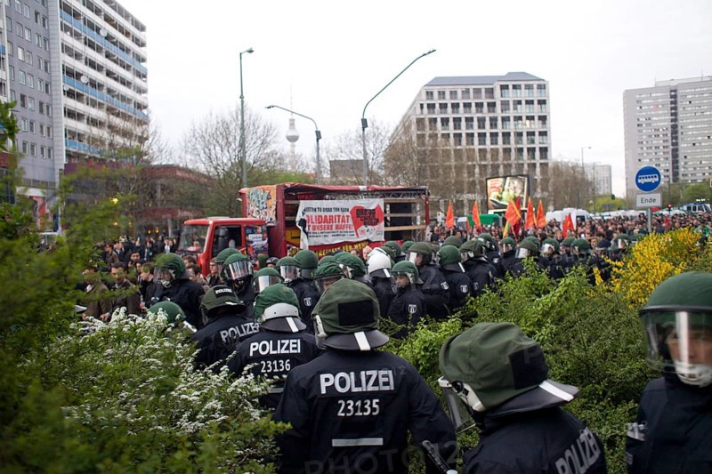 GERMANY Police officers on Leipziger Straße during the May 1st rally. Germany Berlin Police during the May Day Protest