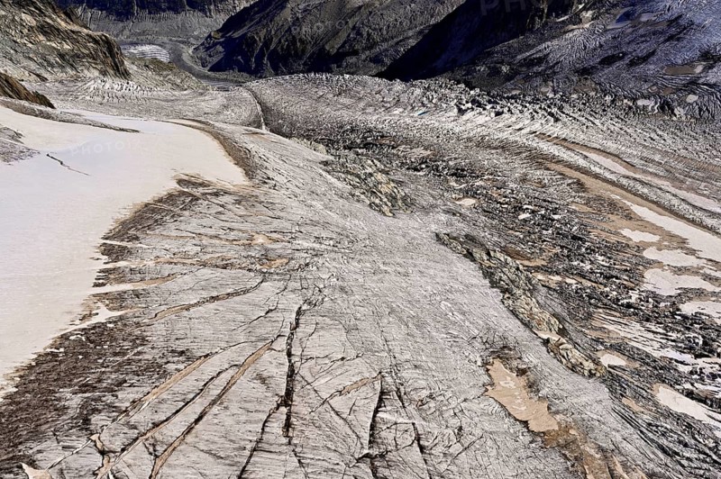 View from the Télécabine Panorama Railway of the glacial crevices of the Glacier du Géant, Chamonix-Mont-Blanc, Haute-Savoie, France
