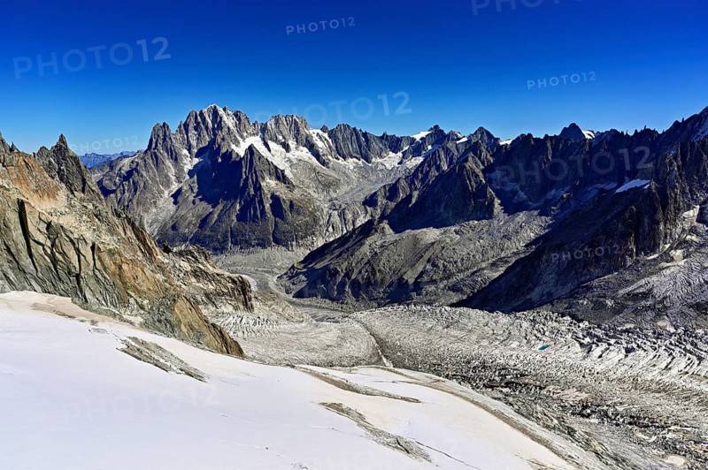 View from the Télécabine Panorama Mont-Blanc of the mountains Aiguille Vert, Les Droites, Les Courtes, in the foreground the Glacier du Géant, Chamonix-Mont-Blanc, Haute-Savoie, France
