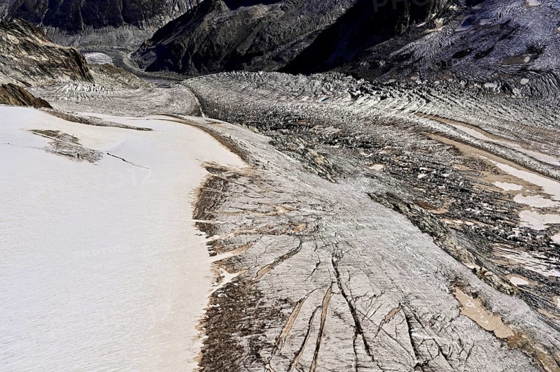 View from the Télécabine Panorama Railway of the glacial crevices of the Glacier du Géant, Chamonix-Mont-Blanc, Haute-Savoie, France