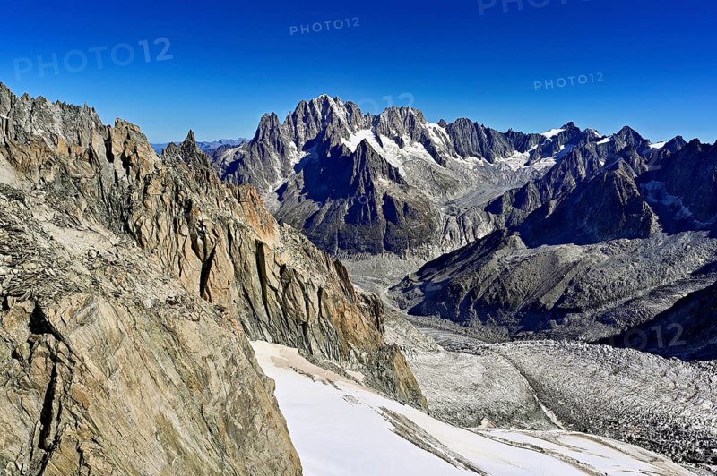 View from the Télécabine Panorama Mont-Blanc of the mountains Aiguille Vert, Les Droites, Les Courtes, in the foreground the Glacier du Géant, Chamonix-Mont-Blanc, Haute-Savoie, France