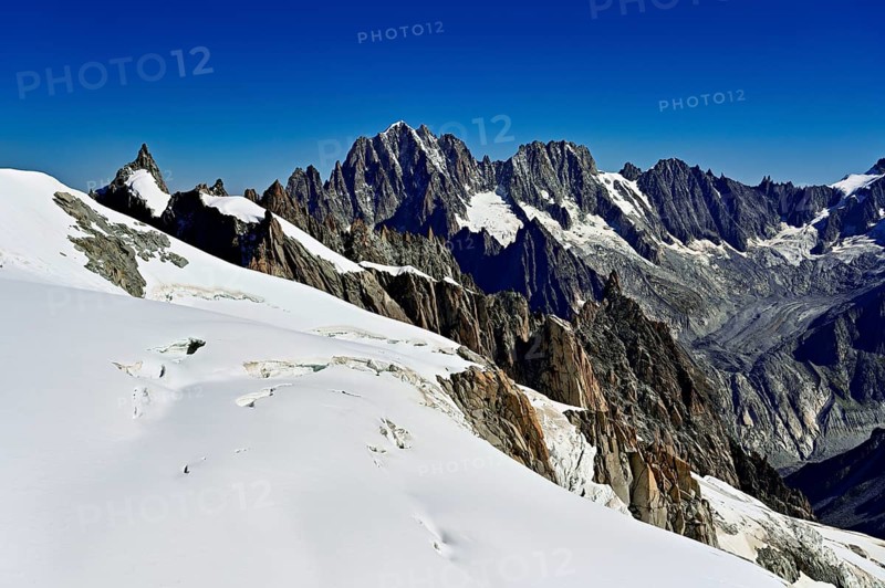 View of the Aiguille Vert mountains, Les Droites, Les Courtes, Aiguille du Midi mountain station, Chamonix-Mont-Blanc, Haute-Savoie, France