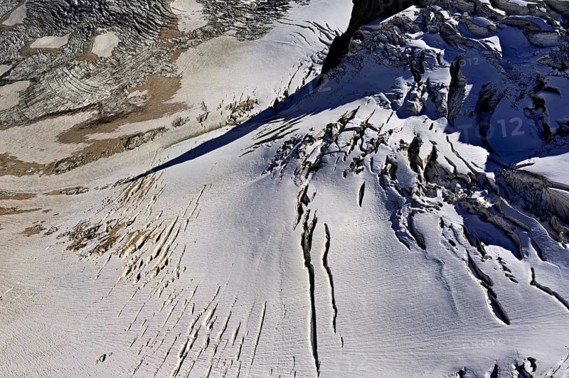 View from the Télécabine Panorama Railway of the glacial crevices of the Glacier du Géant, Chamonix-Mont-Blanc, Haute-Savoie, France
