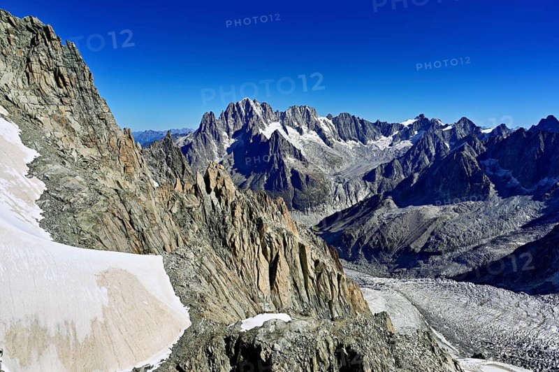 View from the Télécabine Panorama Mont-Blanc of the mountains Aiguille Vert, Les Droites, Les Courtes, in the foreground the Glacier du Géant, Chamonix-Mont-Blanc, Haute-Savoie, France