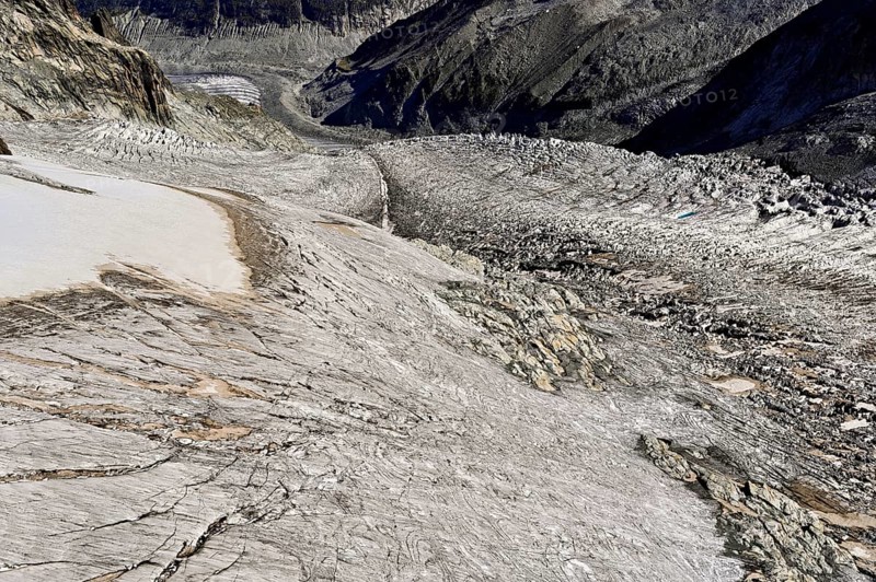 View from the Télécabine Panorama Railway of the glacial crevices of the Glacier du Géant, Chamonix-Mont-Blanc, Haute-Savoie, France