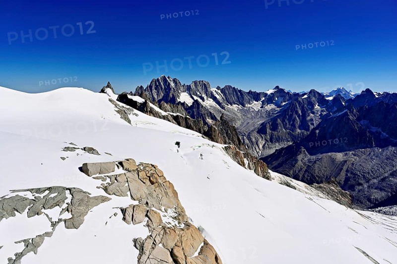 View of the Aiguille Vert mountains, Les Droites, Les Courtes, Aiguille du Midi mountain station, Chamonix-Mont-Blanc, Haute-Savoie, France