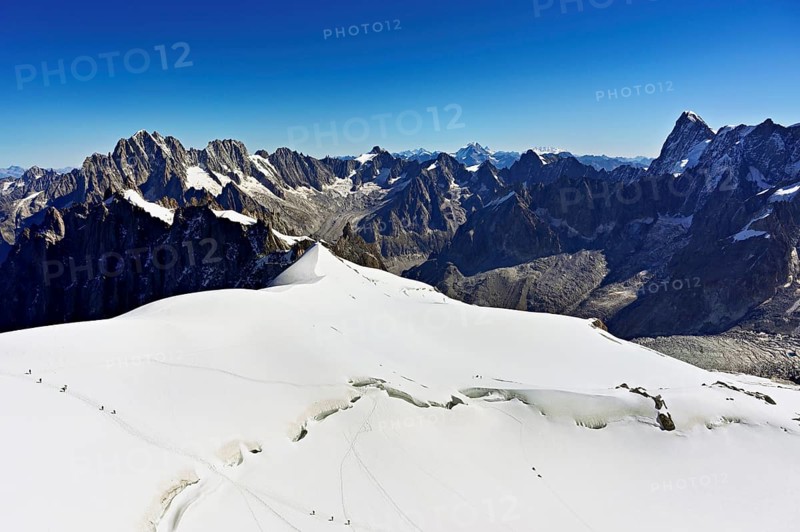 View of the mountains Aiguille Vert, Les Droites, Les Courtes, Grandes Jorasses, Aiguille du Midi mountain station, Chamonix-Mont-Blanc, Haute-Savoie, France
