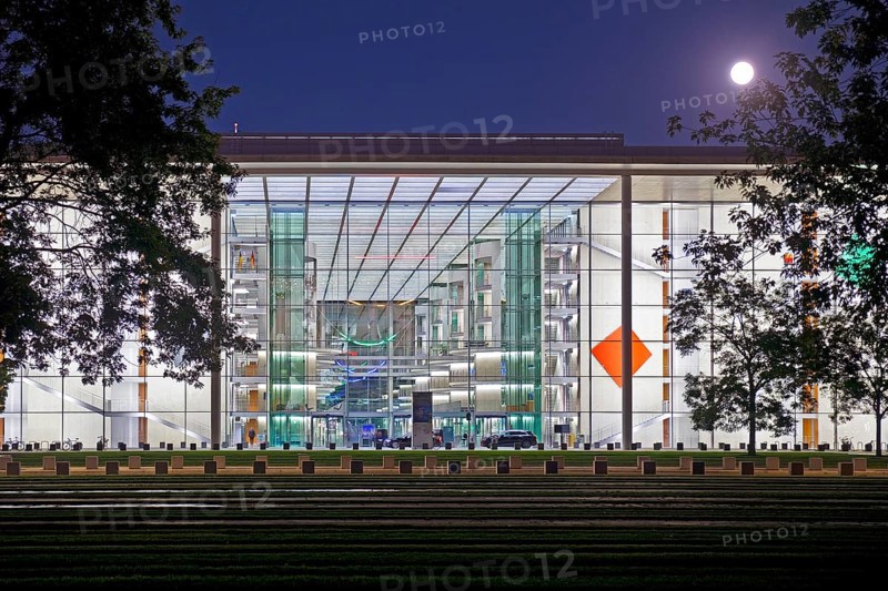 Paul Löbe House with full moon in the evening, west side, government district, Berlin-Mitte, Berlin, Germany