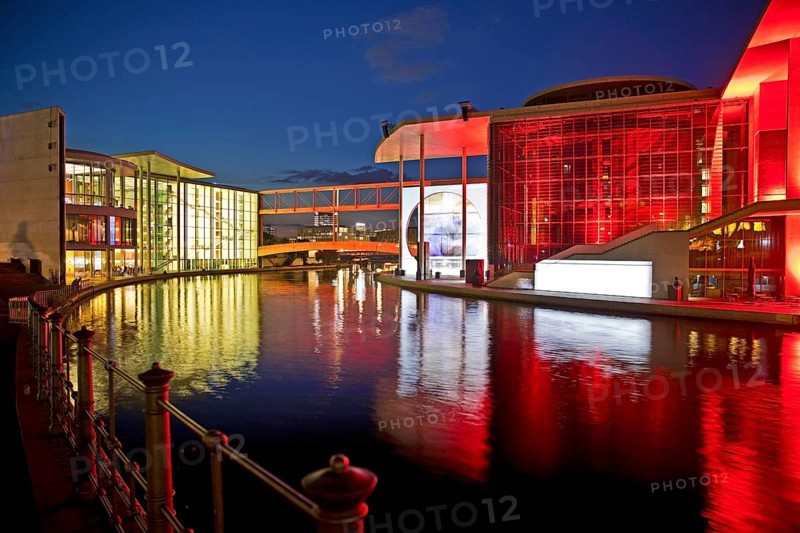 Illuminated Paul Löbe House and Marie Elisabeth Lüders House with the Spree River in the evening, government district, Berlin-Mitte, Berlin, Germany
