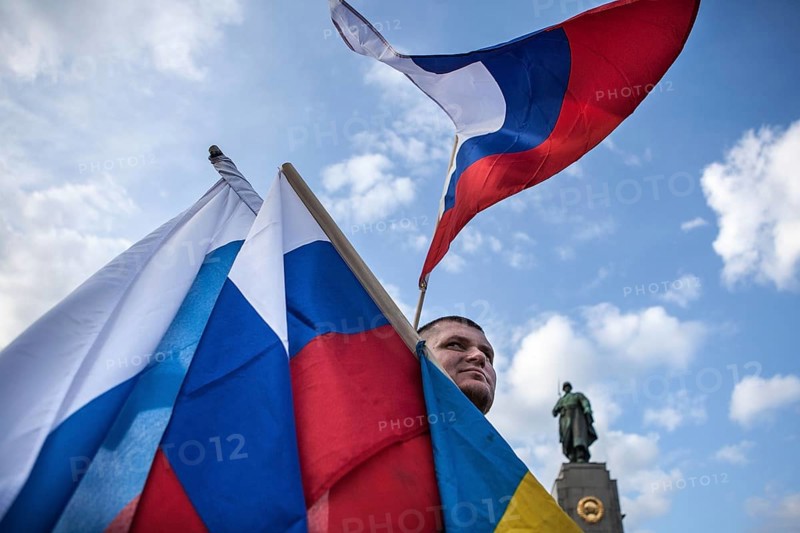 DEU Germany Germany Berlin Pro-Russian demonstration against NATO expansion in Ukraine and for Russian President Putin at the Memorial to the Fallen of the Second World War