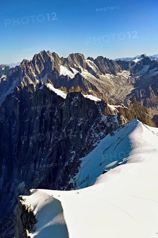 View from the Aiguille du Midi mountain station observation deck of the mountains Aiguille Vert, Les Droites, Les Courtes, Chamonix-Mont-Blanc, Haute-Savoie, France