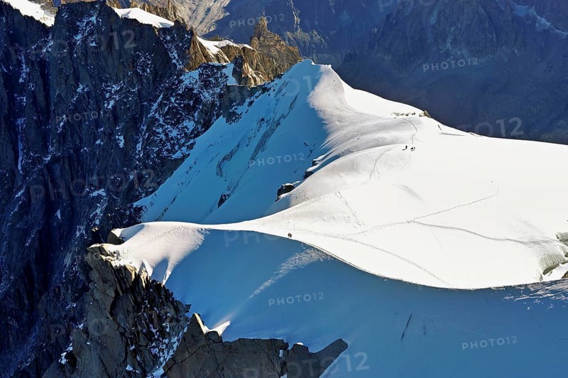 Snow-covered mountain ridge, Aiguille du Midi mountain station viewing platform, Chamonix-Mont-Blanc, Haute-Savoie, France