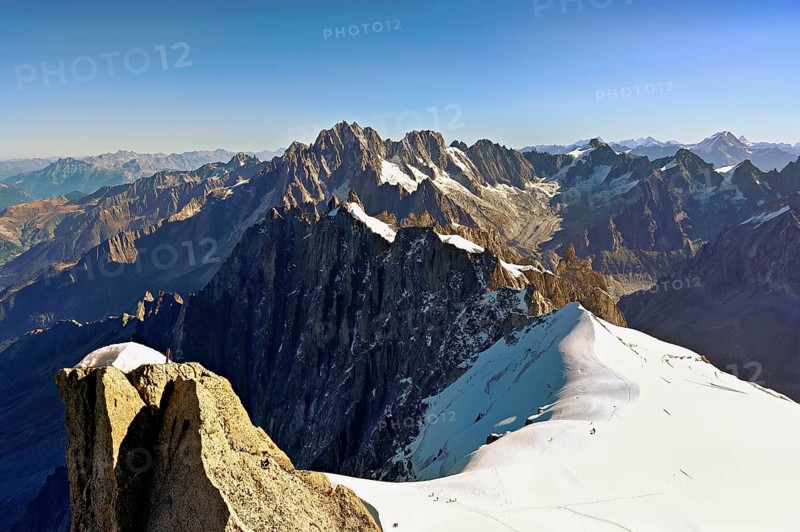 View from the Aiguille du Midi mountain station observation deck of the mountains Aiguille Vert, Les Droites, Les Courtes, Chamonix-Mont-Blanc, Haute-Savoie, France
