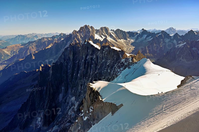 View from the Aiguille du Midi mountain station observation deck of the mountains Aiguille Vert, Les Droites, Les Courtes, Chamonix-Mont-Blanc, Haute-Savoie, France