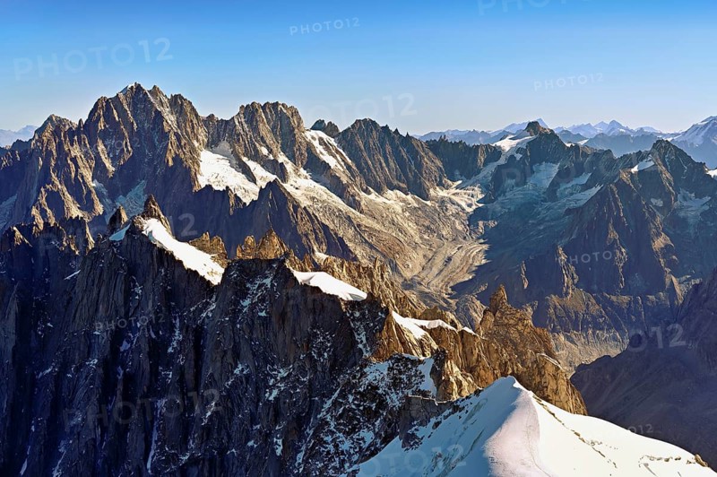 View from the Aiguille du Midi mountain station observation deck of the mountains Aiguille Vert, Les Droites, Les Courtes, Chamonix-Mont-Blanc, Haute-Savoie, France
