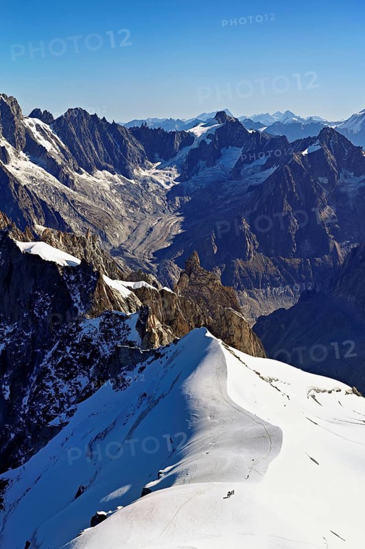 View from the Aiguille du Midi mountain station observation deck of the mountains Les Droites, Les Courtes, Chamonix-Mont-Blanc, Haute-Savoie, France