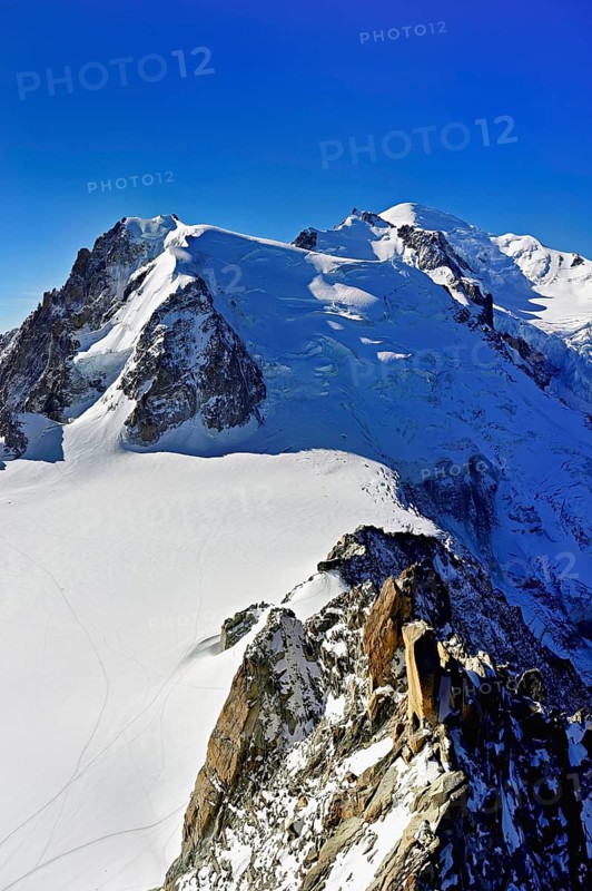 Mont Blanc du Tacul covered with snow from left, Mont Maudit, Mont-Blanc, viewing platform, mountain station, Aiguille du Midi, Chamonix-Mont-Blanc, Haute-Savoie, France