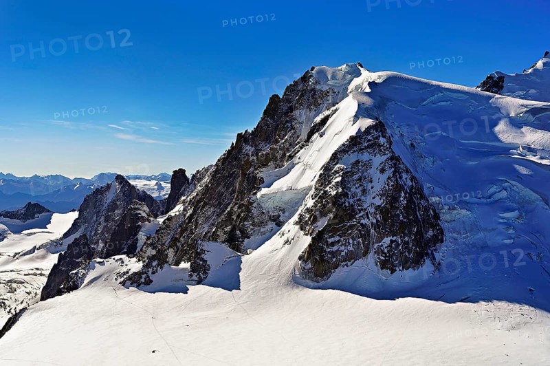 Snow-capped Mont Blanc du Tacul, Aiguille du Midi mountain station viewing platform, Chamonix-Mont-Blanc, Haute-Savoie, France
