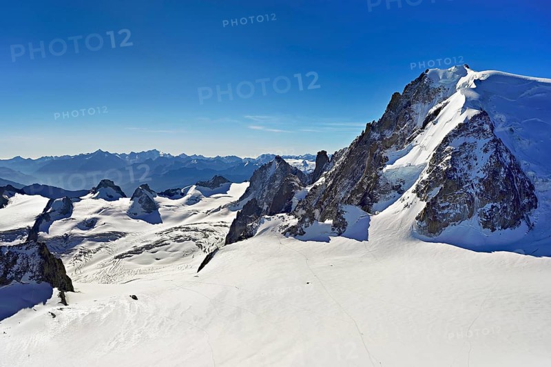 Snow-capped Mont Blanc du Tacul, Aiguille du Midi mountain station viewing platform, Chamonix-Mont-Blanc, Haute-Savoie, France
