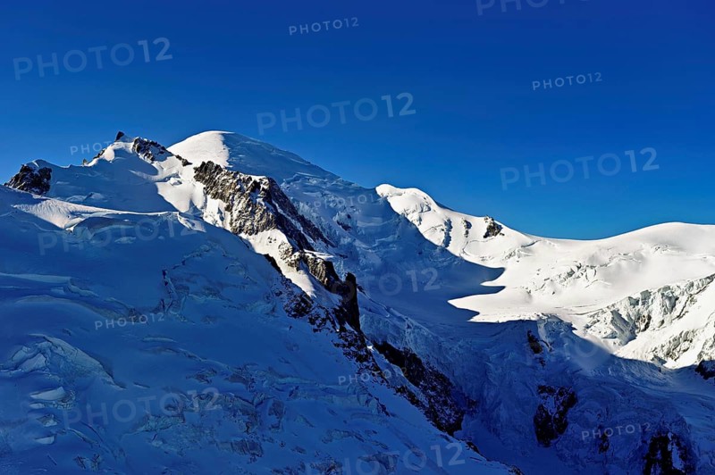 Mont Maudit covered with snow from the left, Mont-Blanc, Dôme du Goûter, Aiguille du Midi mountain station viewing platform, Chamonix-Mont-Blanc, Haute-Savoie, France